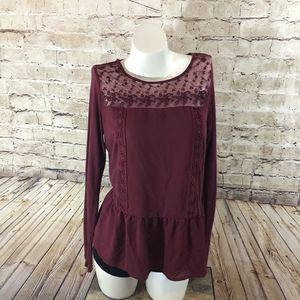 Lauren Conrad Burgundy long sleeve pheasant top S